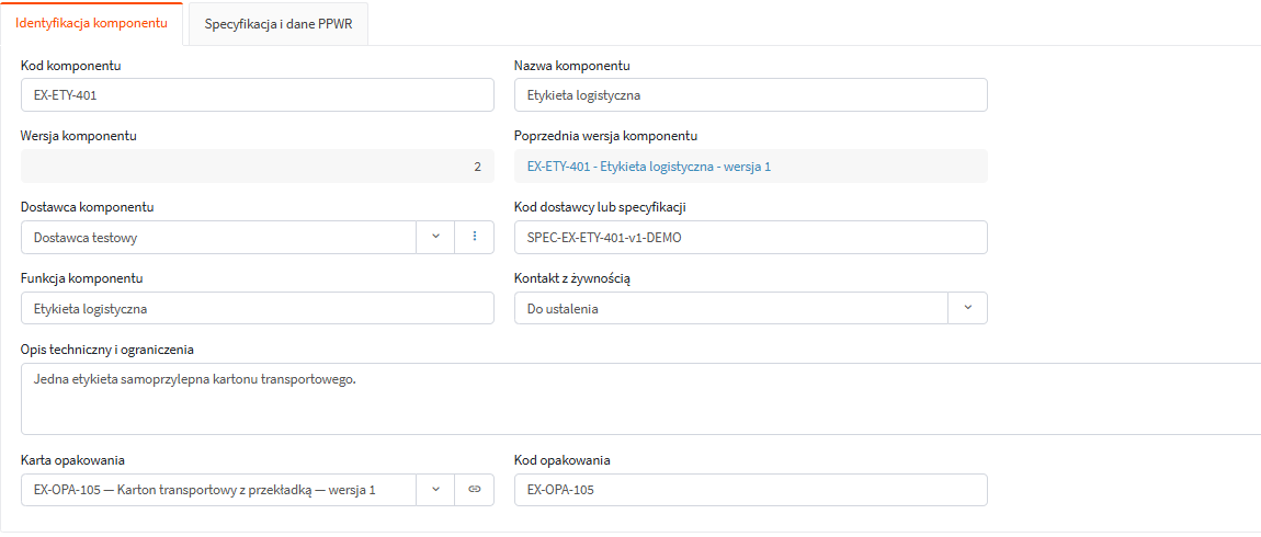 Karta komponentu PPWR w AMODIT z kodem, wersją, dostawcą i danymi technicznymi